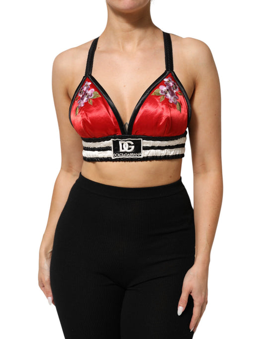 Dolce &amp; Gabbana – Rotes, floral besticktes Bralette-Crop-Top aus Satin