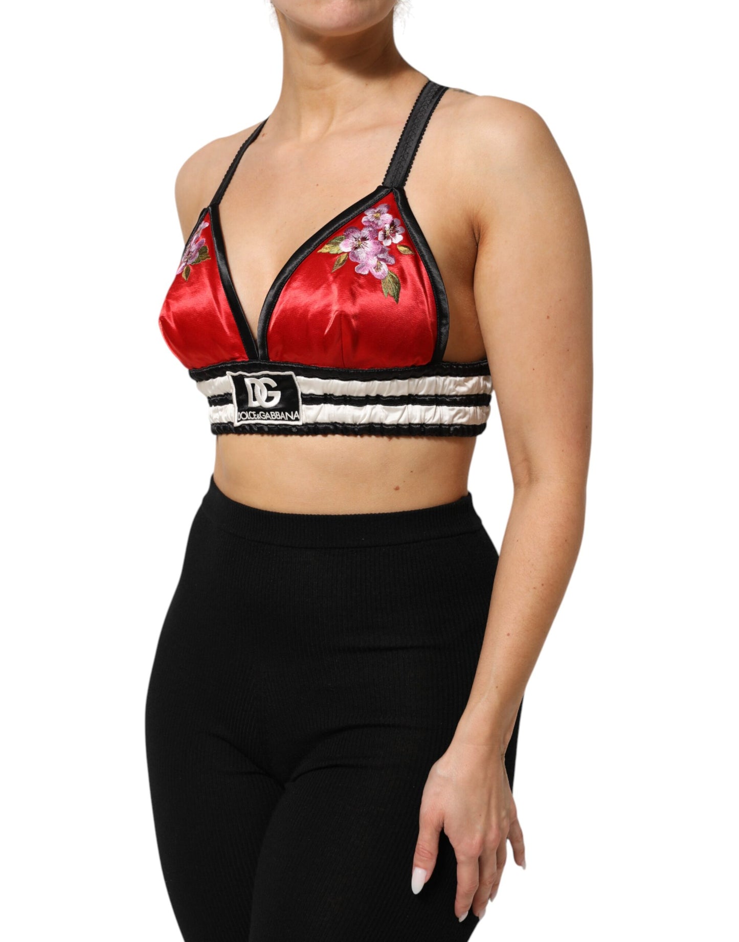 Dolce &amp; Gabbana – Rotes, floral besticktes Bralette-Crop-Top aus Satin