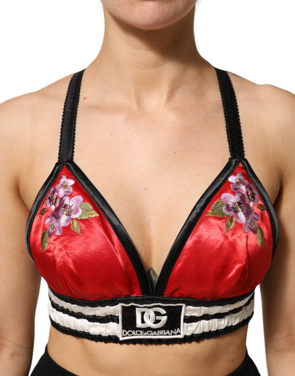 Dolce &amp; Gabbana – Rotes, floral besticktes Bralette-Crop-Top aus Satin