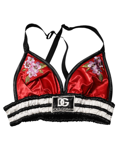 Dolce &amp; Gabbana – Rotes, floral besticktes Bralette-Crop-Top aus Satin