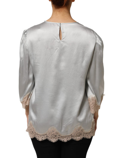 Dolce & Gabbana Gray Silk Satin Floral Lace Long Sleeve Top