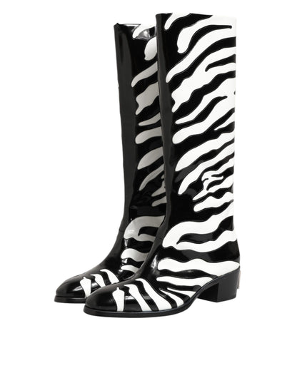 Dolce &amp; Gabbana Schwarz Weiß Zebra Over The Calf Stiefel Schuhe