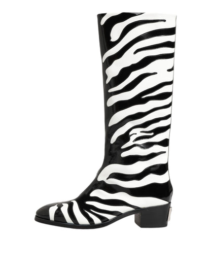 Dolce &amp; Gabbana Schwarz Weiß Zebra Over The Calf Stiefel Schuhe