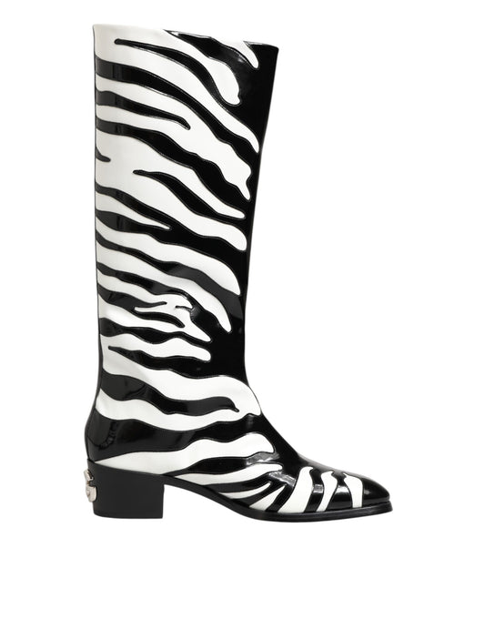 Dolce &amp; Gabbana Schwarz Weiß Zebra Over The Calf Stiefel Schuhe