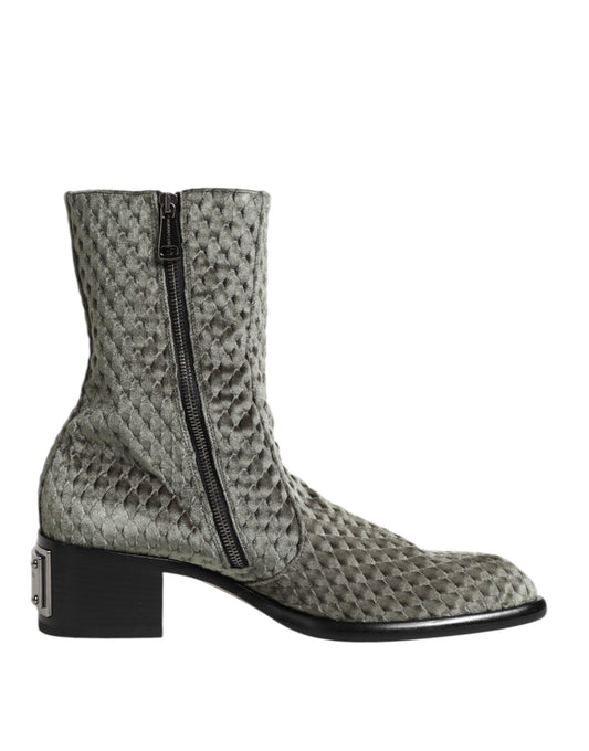 Dolce &amp; Gabbana Graue Baumwollsamt-Kurzstiefel mit mittlerer Wade