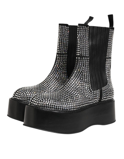 Dolce &amp; Gabbana Schwarze, wadenlange Stiefel mit Kristall-Strass