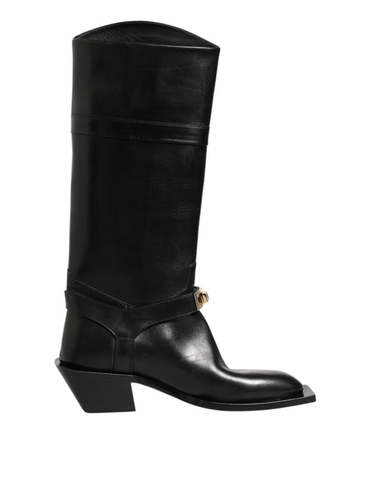 Dolce &amp; Gabbana – Wadenhohe Stiefel mit Logo-Schild in Schwarz