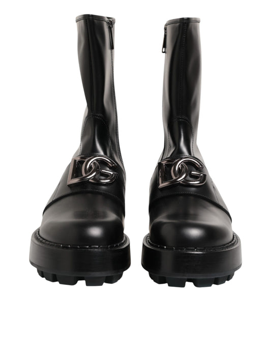 Dolce &amp; Gabbana – Schwarze Bikerstiefel mit Logo-Schild und halbhoher Wadenhöhe