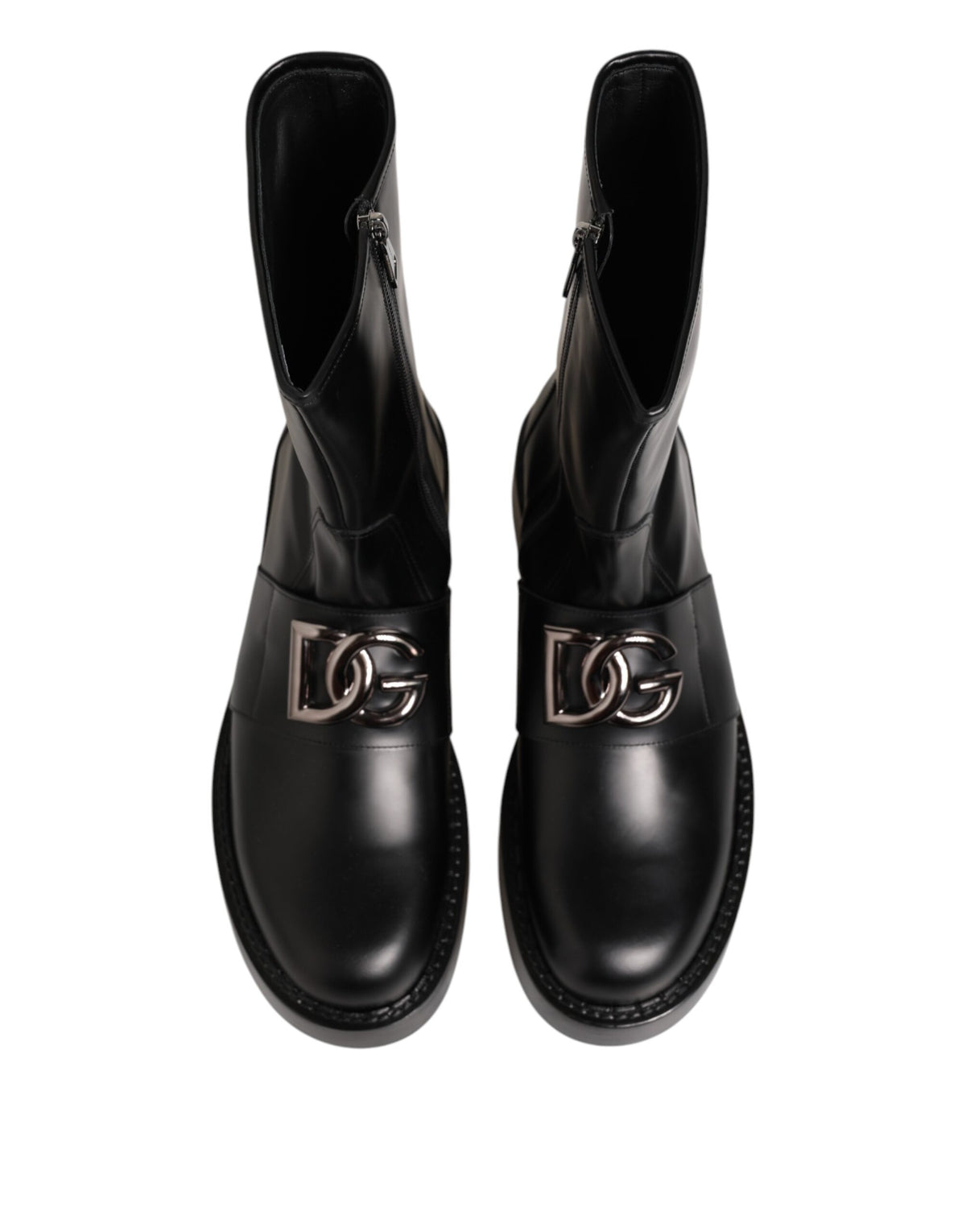 Dolce &amp; Gabbana – Schwarze Bikerstiefel mit Logo-Schild und halbhoher Wadenhöhe