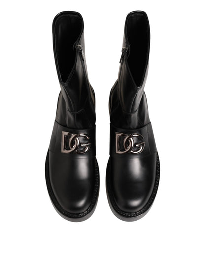 Dolce &amp; Gabbana – Schwarze Bikerstiefel mit Logo-Schild und halbhoher Wadenhöhe