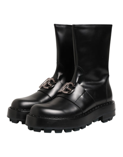 Dolce &amp; Gabbana – Schwarze Bikerstiefel mit Logo-Schild und halbhoher Wadenhöhe