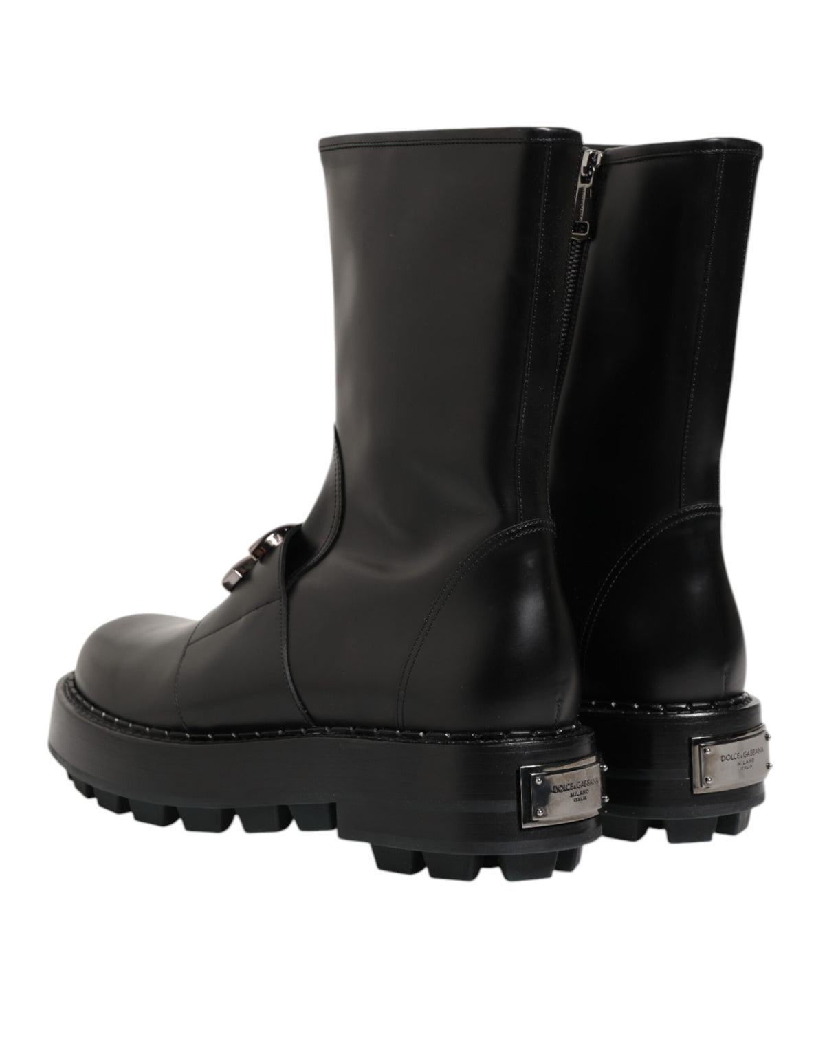 Dolce &amp; Gabbana – Schwarze Bikerstiefel mit Logo-Schild und halbhoher Wadenhöhe