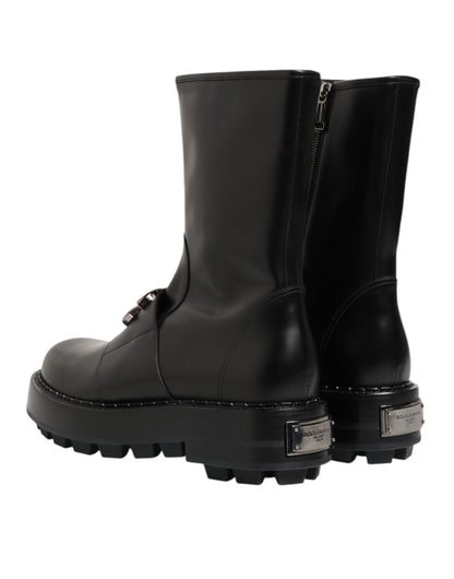 Dolce &amp; Gabbana – Schwarze Bikerstiefel mit Logo-Schild und halbhoher Wadenhöhe