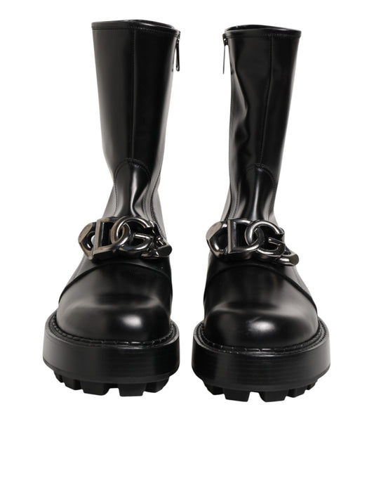 Dolce &amp; Gabbana – Schwarze Bikerstiefel mit Logo-Schild und halbhoher Wadenhöhe