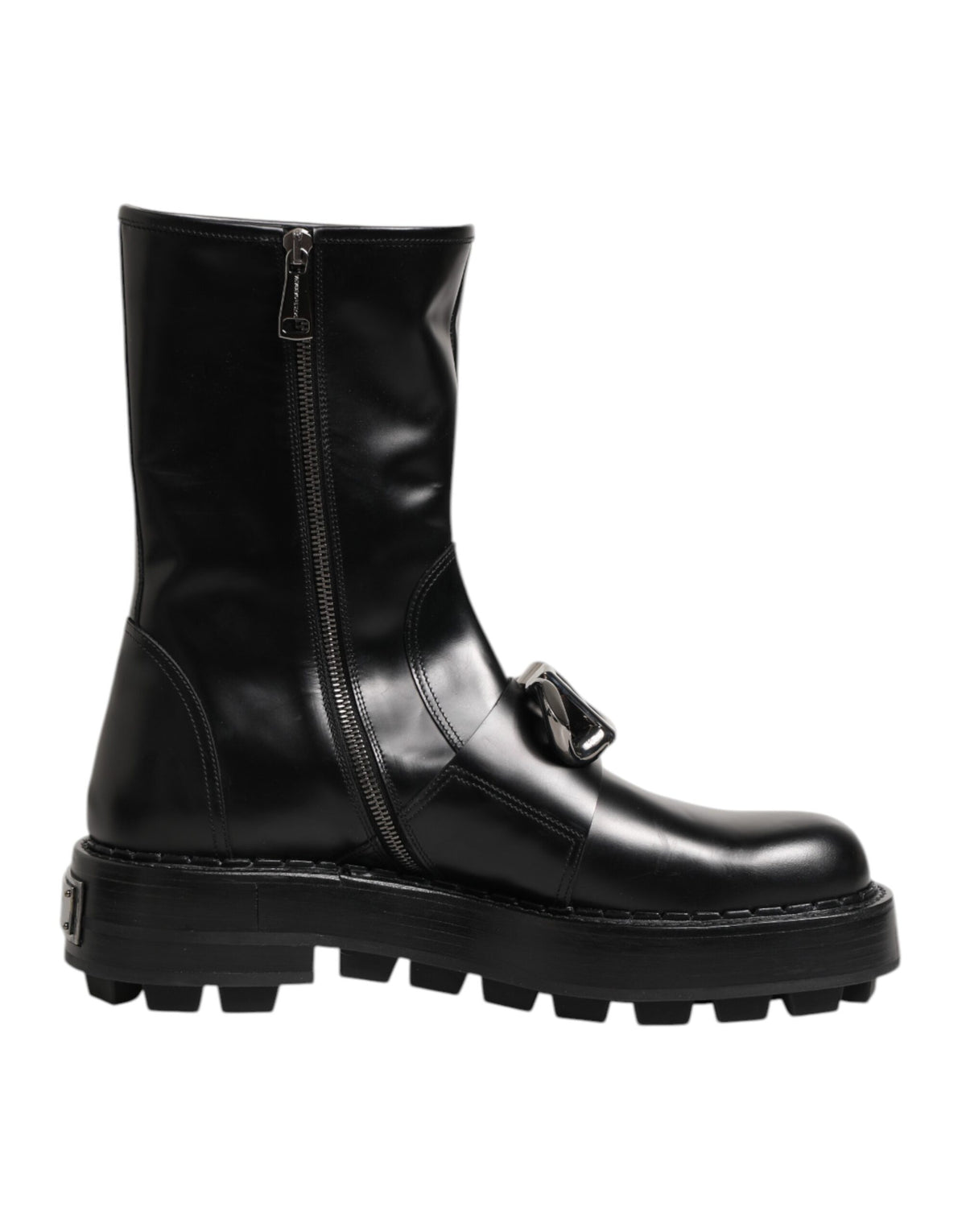 Dolce &amp; Gabbana – Schwarze Bikerstiefel mit Logo-Schild und halbhoher Wadenhöhe