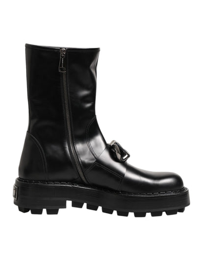 Dolce &amp; Gabbana – Schwarze Bikerstiefel mit Logo-Schild und halbhoher Wadenhöhe