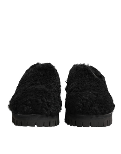 Dolce &amp; Gabbana Kleid Schwarze Pelz-Leder-Slipper Herren Schuhe