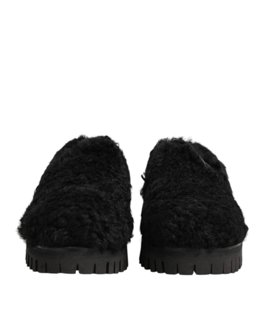 Dolce &amp; Gabbana Kleid Schwarze Pelz-Leder-Slipper Herren Schuhe