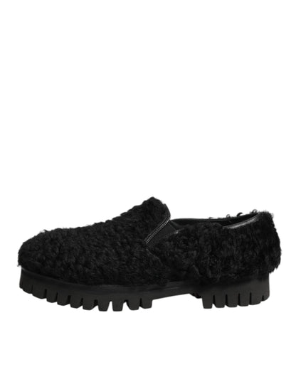 Dolce &amp; Gabbana Kleid Schwarze Pelz-Leder-Slipper Herren Schuhe