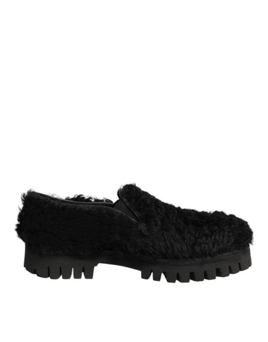 Dolce &amp; Gabbana Kleid Schwarze Pelz-Leder-Slipper Herren Schuhe