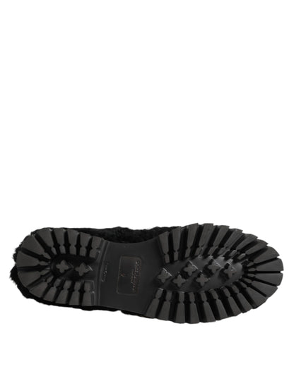 Dolce &amp; Gabbana Kleid Schwarze Pelz-Leder-Slipper Herren Schuhe