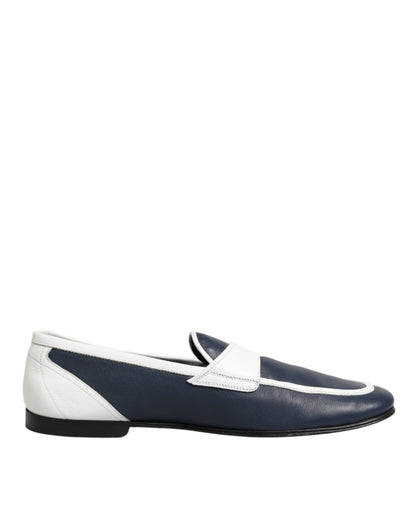 Dolce & Gabbana White Blue Leather Slip On Loafers Men Formal Shoes