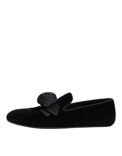 Dolce &amp; Gabbana – Slipper aus schwarzem Wildleder und Baumwolle mit Rosenmuster