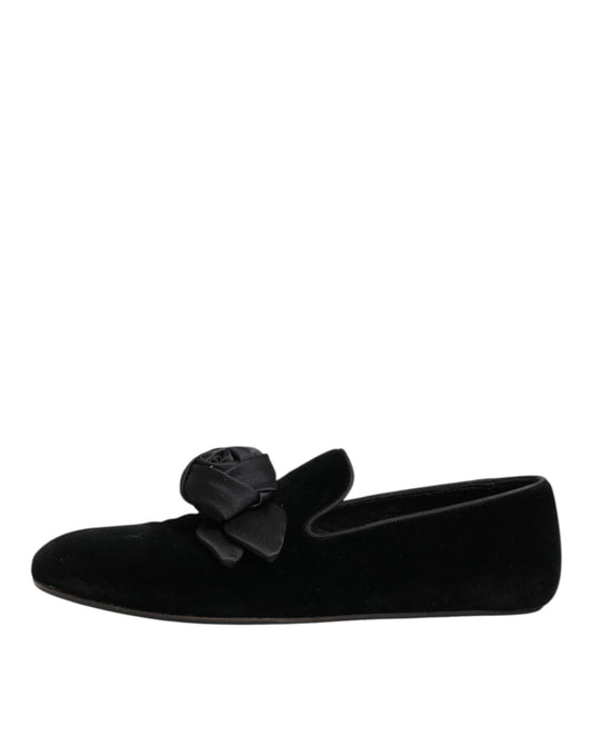 Dolce &amp; Gabbana – Slipper aus schwarzem Wildleder und Baumwolle mit Rosenmuster