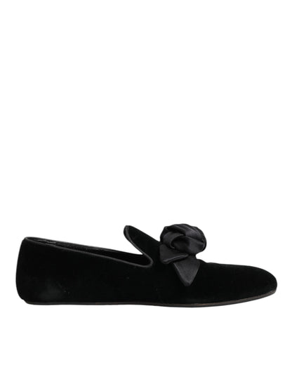 Dolce & Gabbana Black Suede Cotton Rose Slip On Loafers Shoes