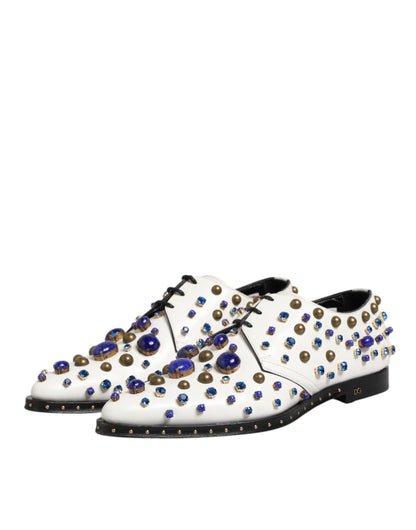 Dolce & Gabbana White Leather Crystals Embellished Dress Shoes