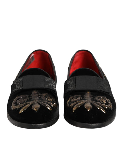 Dolce &amp; Gabbana – Formelle Loafer-Schuhe aus schwarzem Samt mit Stickerei