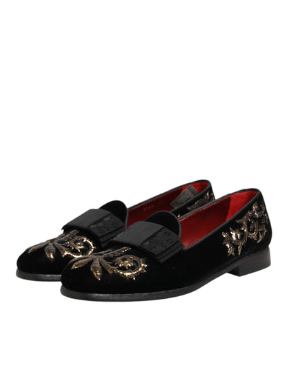 Dolce &amp; Gabbana – Formelle Loafer-Schuhe aus schwarzem Samt mit Stickerei