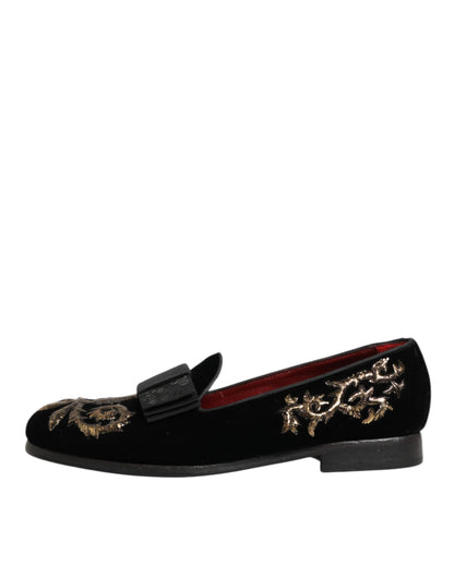 Dolce &amp; Gabbana – Formelle Loafer-Schuhe aus schwarzem Samt mit Stickerei