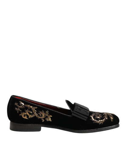 Dolce &amp; Gabbana – Formelle Loafer-Schuhe aus schwarzem Samt mit Stickerei
