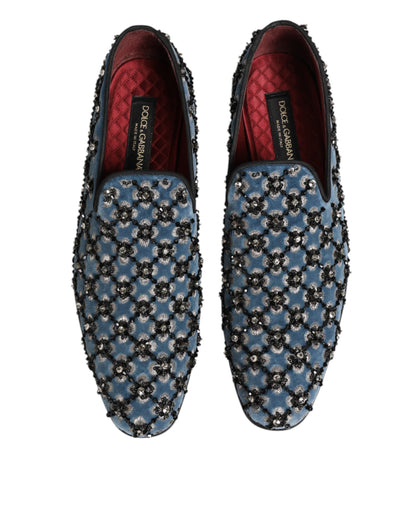 Dolce &amp; Gabbana – Blauer Samt-Loafer mit Kristallverzierung Herren Schuhe