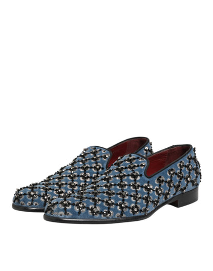 Dolce &amp; Gabbana – Blauer Samt-Loafer mit Kristallverzierung Herren Schuhe