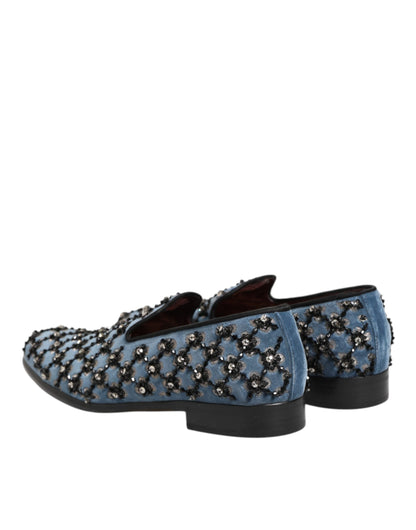 Dolce &amp; Gabbana – Blauer Samt-Loafer mit Kristallverzierung Herren Schuhe