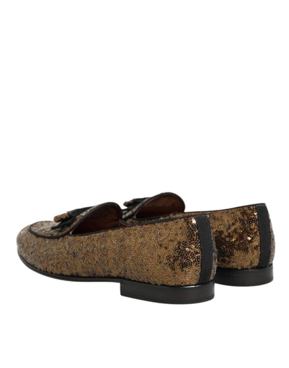 Dolce & Gabbana Gold Sequined Slip On Loafers Men Dress Shoes