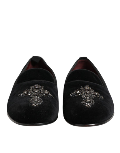 Dolce & Gabbana Black Cross Embellished Slip On Loafers Dress Shoes