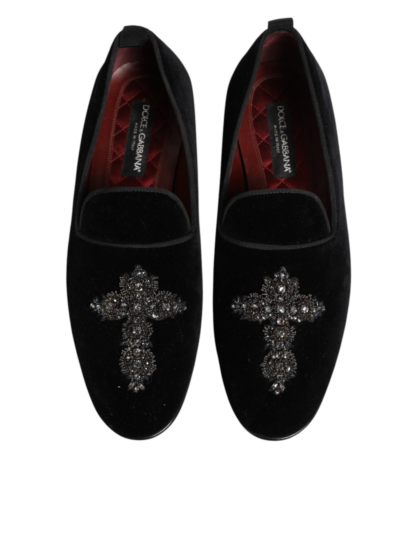 Dolce & Gabbana Black Cross Embellished Slip On Loafers Dress Shoes