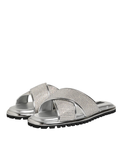 Dolce &amp; Gabbana Silber Strass Slides Flats Hausschuhe Schuhe