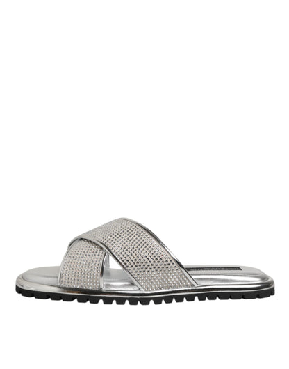Dolce &amp; Gabbana Silber Strass Slides Flats Hausschuhe Schuhe