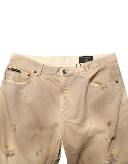 Dolce &amp; Gabbana Beige Baumwolle Lose Zerfetzte Herren Jeans