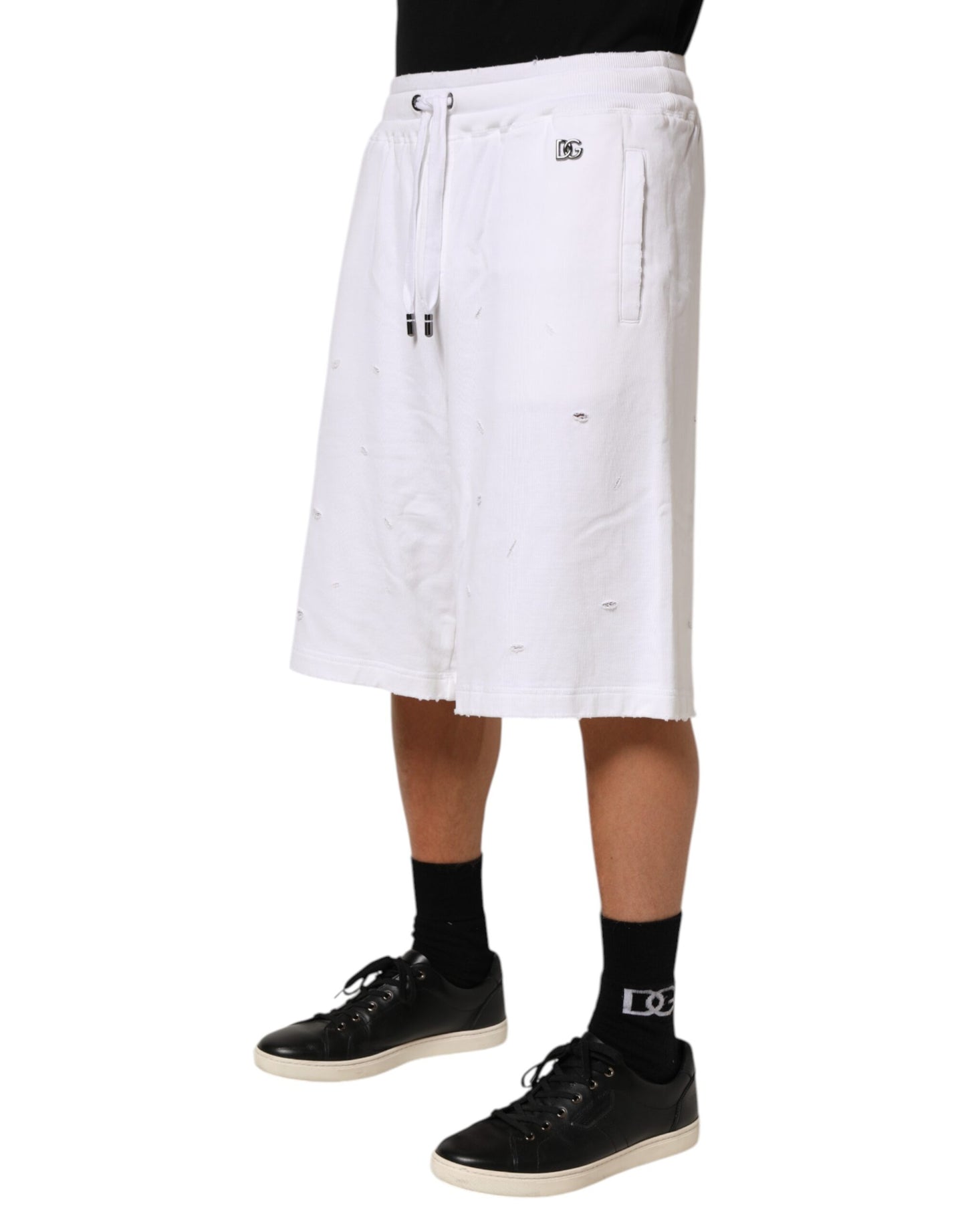 Dolce &amp; Gabbana – Weiße, zerrissene Bermuda-Jogginghose aus Baumwolle