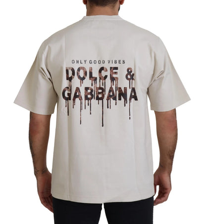 Dolce &amp; Gabbana Elfenbeinfarbener Rundhalsausschnitt aus Baumwolle mit Elfenbeindruck