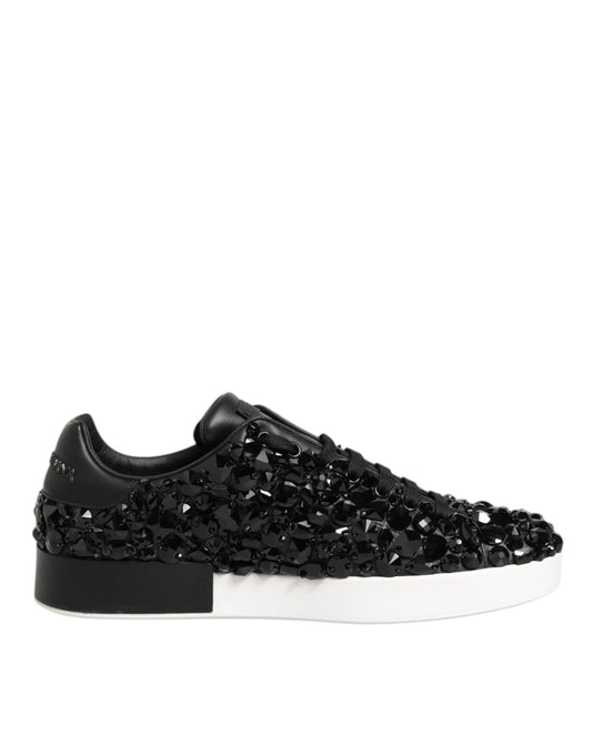 Dolce & Gabbana Black Leather Crystal Low Top Sneaker Shoes
