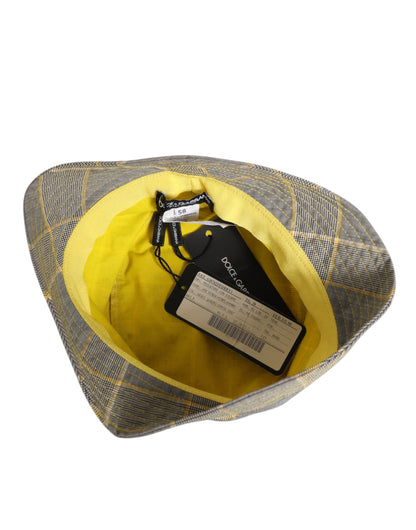 Dolce &amp; Gabbana Grau Gelb Wollmischung Plaid Bucket Cap Herren Hut