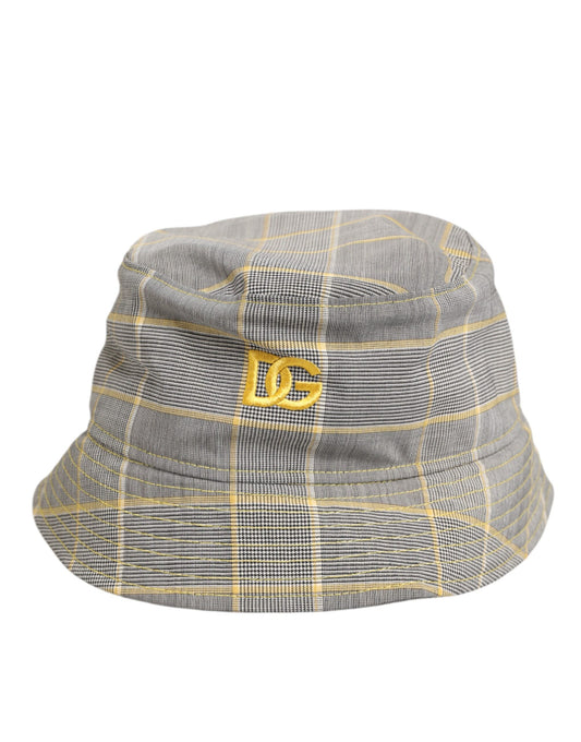 Dolce &amp; Gabbana Grau Gelb Wollmischung Plaid Bucket Cap Herren Hut
