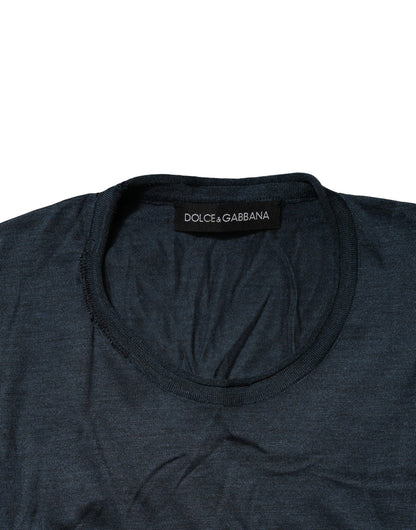 Dolce &amp; Gabbana – Blaues Herren-T-Shirt aus Seide mit Rundhalsausschnitt und kurzen Ärmeln