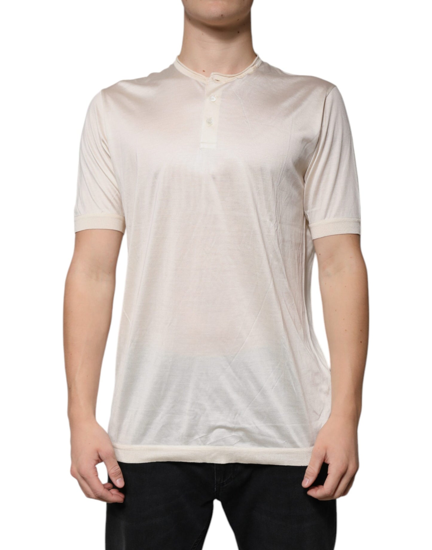 Dolce &amp; Gabbana – Henley-T-Shirt aus Seide in Off-White mit kurzen Ärmeln